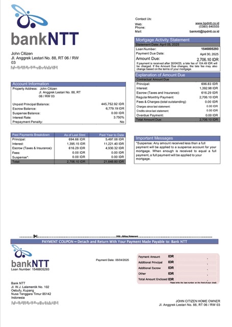 Download Indonesia Bank NTT mortgage statement Word and PDF template Photoshop template